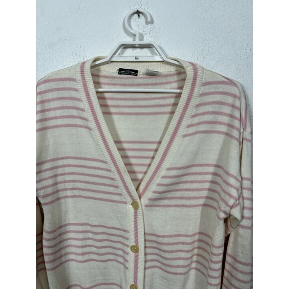 Vintage Andrew St John Sweater Cardigan Size L Pink Striped Acrylic Grandpa Y2K - Picture 5 of 10